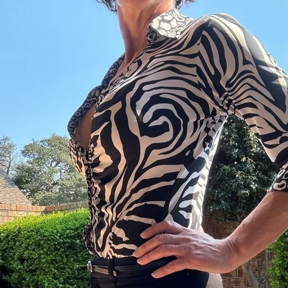Mesmerize Zebra Print Blouse with Ruched Front and Rhinestone Button Detail - Picture 3 of 5